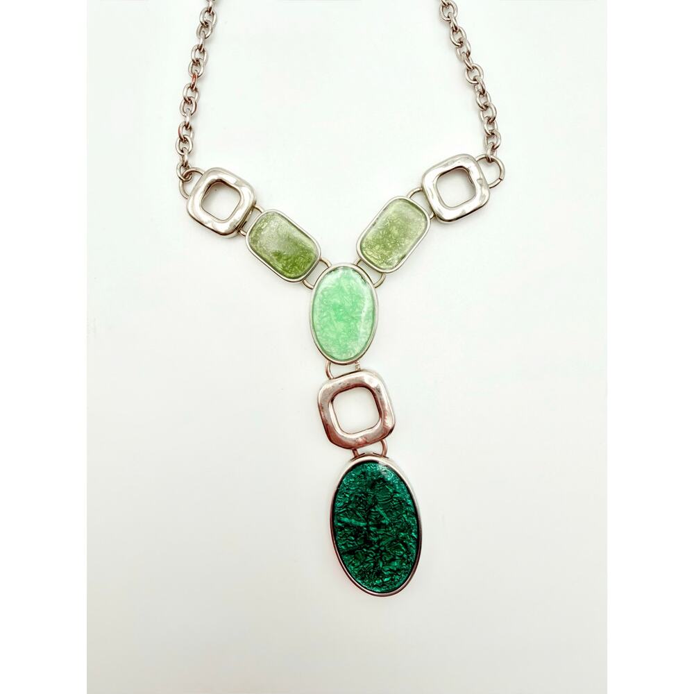 Napier Green Y-Necklace – Silver Tone with Crackle Glass Stones
